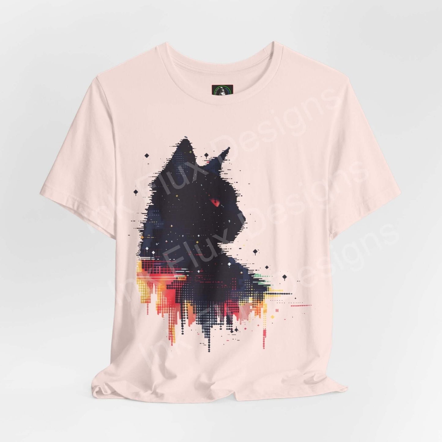 Unisex pale pink T-shirt featuring an abstract black cat graphic design, made from breathable cotton for style and comfort.