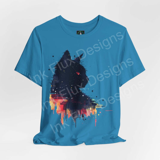 Blue unisex T-shirt featuring an abstract black cat graphic design, from Bella+Canvas, ideal for cat lovers and fashion enthusiasts.