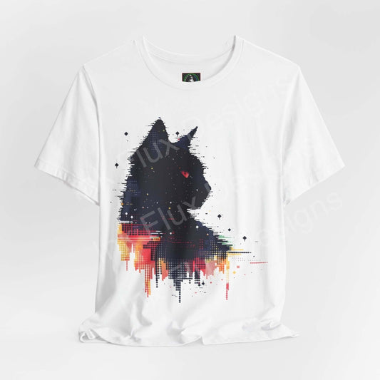 Unisex white graphic tee featuring an abstract black cat design, crafted from breathable cotton, ideal for cat lovers and style enthusiasts.