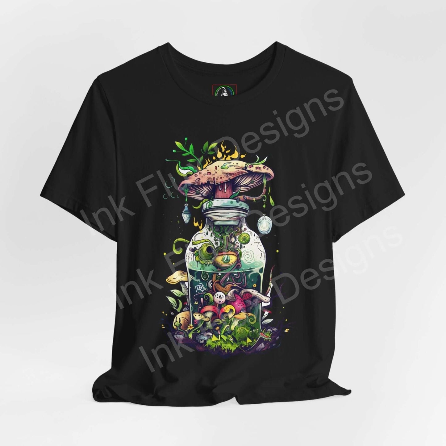 Unisex black T-shirt featuring a trippy, psychedelic graphic of mushrooms growing in a jar, with bold, vibrant colors and intricate designs.