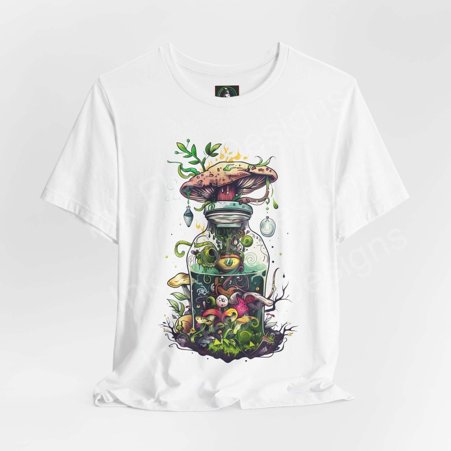 Unisex white T-shirt featuring a bold, trippy graphic of psychedelic mushrooms growing out of a bottle, ideal for fans of unique graphic tees.