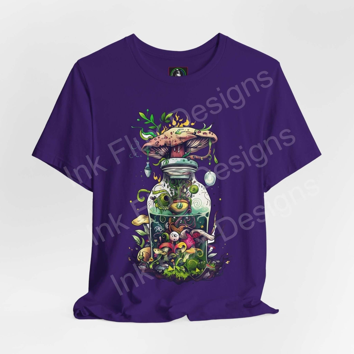 Unisex purple T-shirt with a psychedelic graphic of a jar filled with whimsical mushrooms and plants, showcasing bold, trippy artwork.