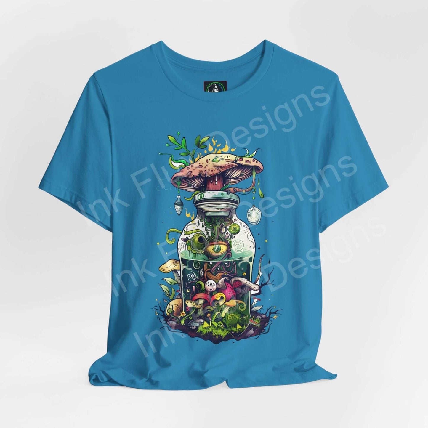 Vibrant turquoise unisex T-shirt featuring a psychedelic mushroom graphic with bold, trippy colors and intricate details.