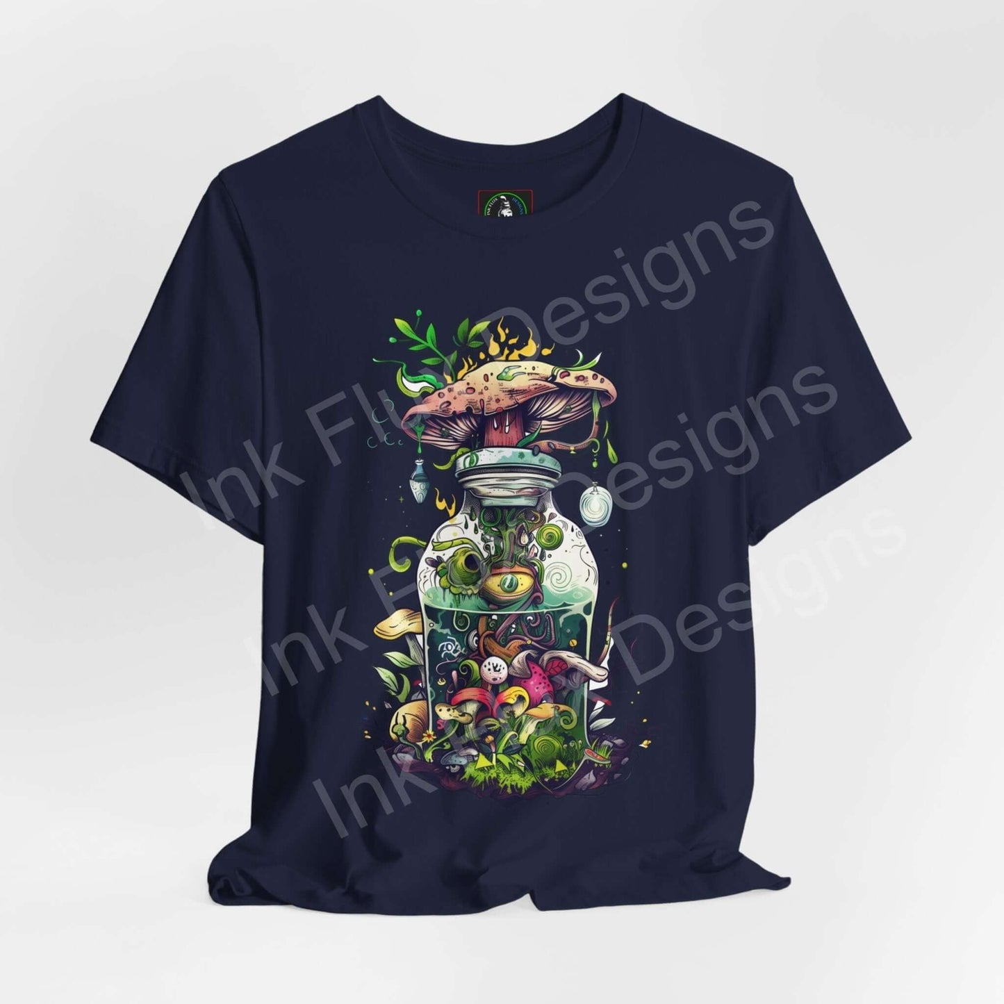 Trippy graphic tee featuring a bold psychedelic design with mushrooms in a jar, crafted from sustainable Airlume cotton by Bella+Canvas.