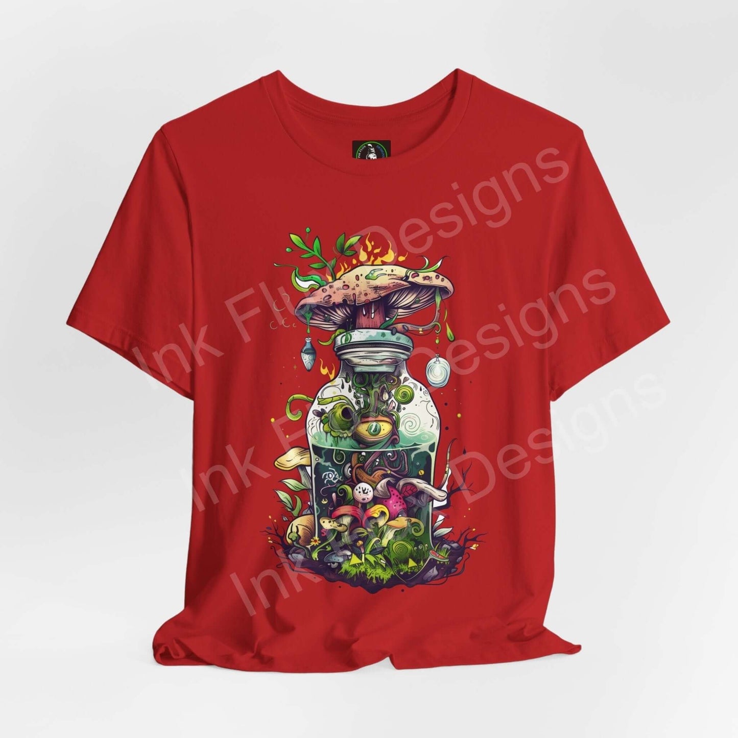Red unisex T-shirt with psychedelic mushroom graphic, featuring vivid, trippy artwork on breathable Airlume cotton fabric.
