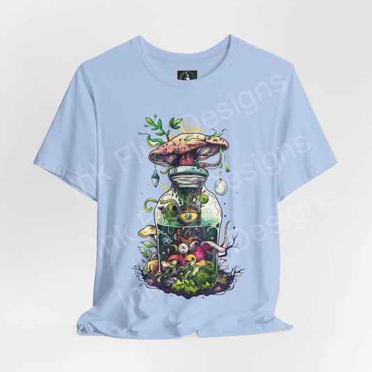 Light blue unisex T-shirt featuring a bold, trippy graphic of psychedelic mushrooms in a bottle, designed for comfort and style by Bella+Canvas.