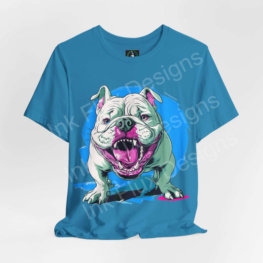 Graphic tee featuring a vibrant British Bulldog design on a blue unisex jersey T-shirt, showcasing ribbed collar and dual side seams.