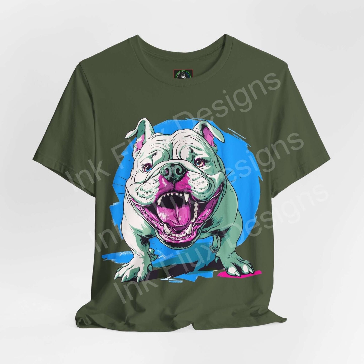 British Bulldog Dog T-Shirt featuring bold graphic artwork of a happy bulldog on an olive green tee.