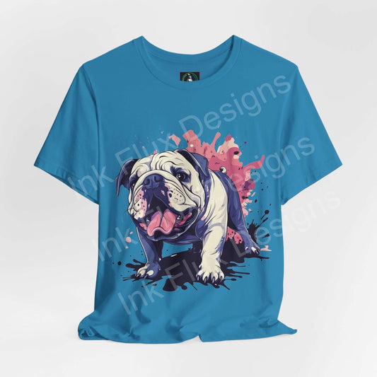 Vibrant blue unisex T-shirt featuring a graphic print of a British Bulldog with colorful splashes, perfect for dog lovers and fashion enthusiasts.