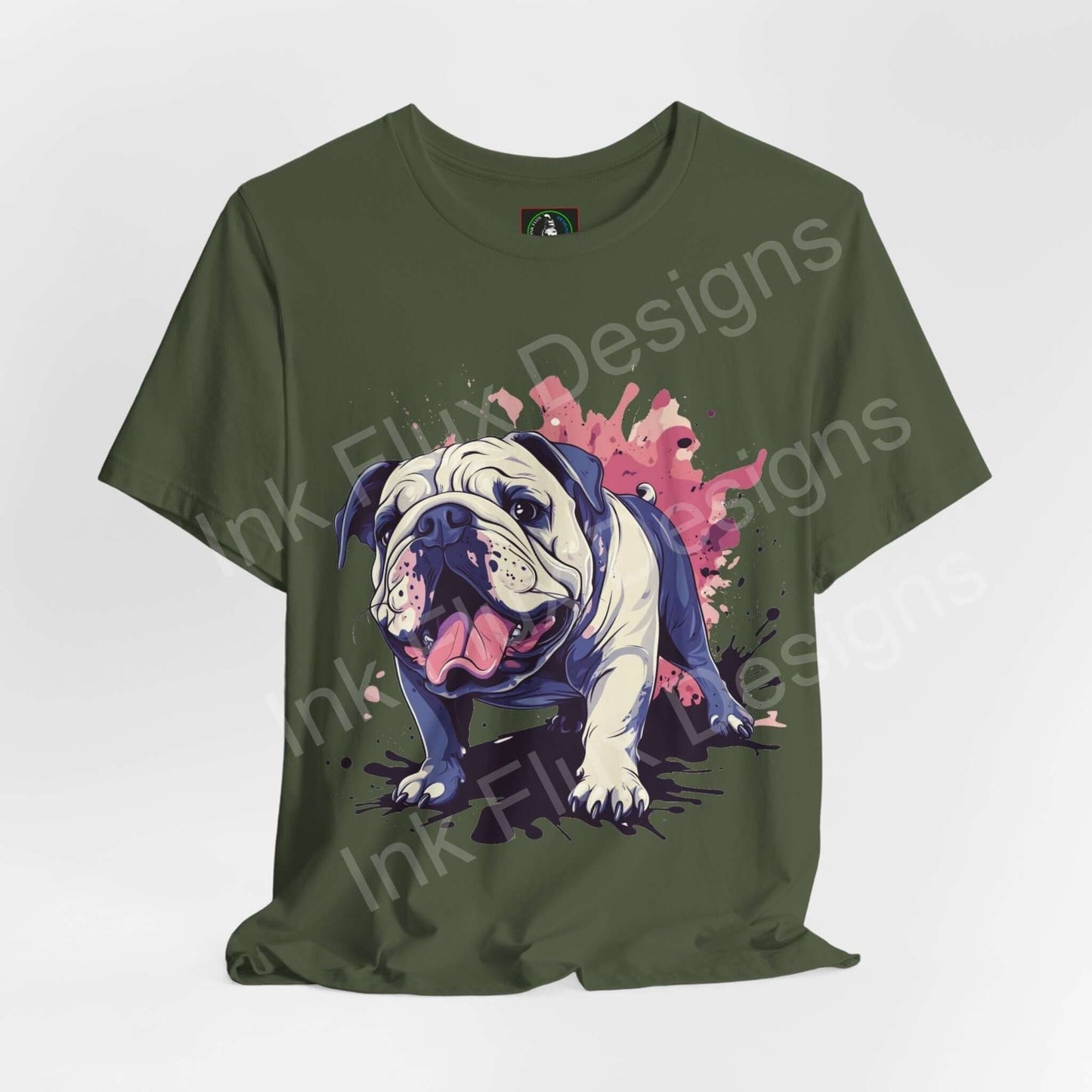 British Bulldog Dog T-Shirt featuring a vibrant graphic portrait of a British Bulldog on a green background.