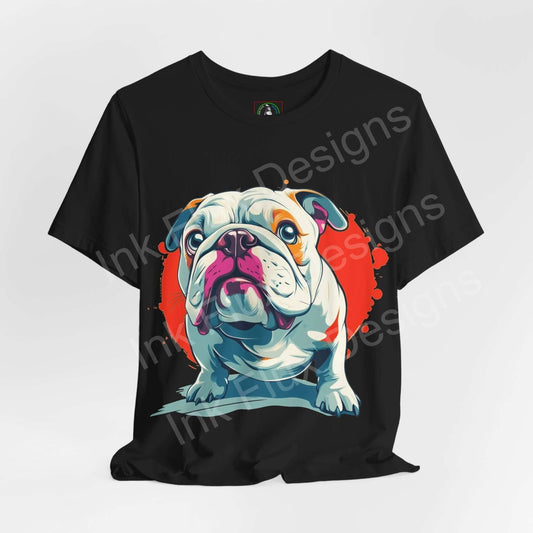 Graphic tee featuring a colorful British Bulldog design on black, unisex cotton shirt, ideal for dog lovers and T-shirt enthusiasts.