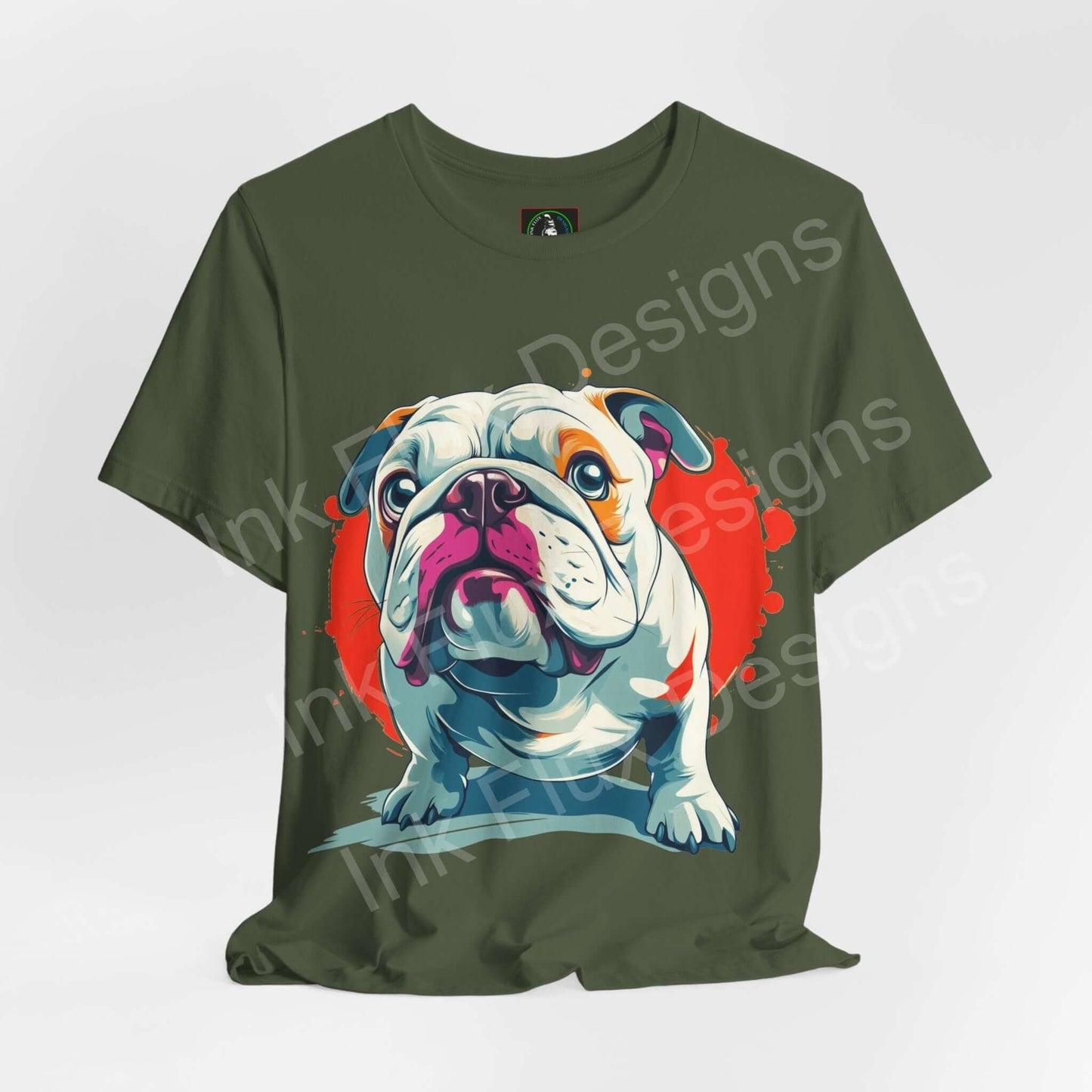 British Bulldog Dog T-Shirt featuring an artistic graphic of a British Bulldog on a green tee.