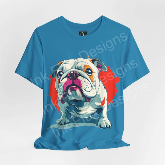 British Bulldog design on blue unisex T-shirt, featuring vibrant graphic of dog's face, comfortable and stylish for dog lovers.