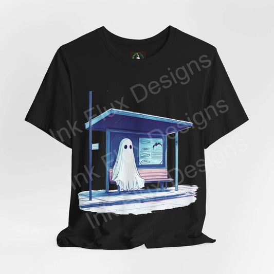 Black unisex T-shirt featuring a graphic of a ghost at a bus stop, ideal for Halloween, from Bella+Canvas.