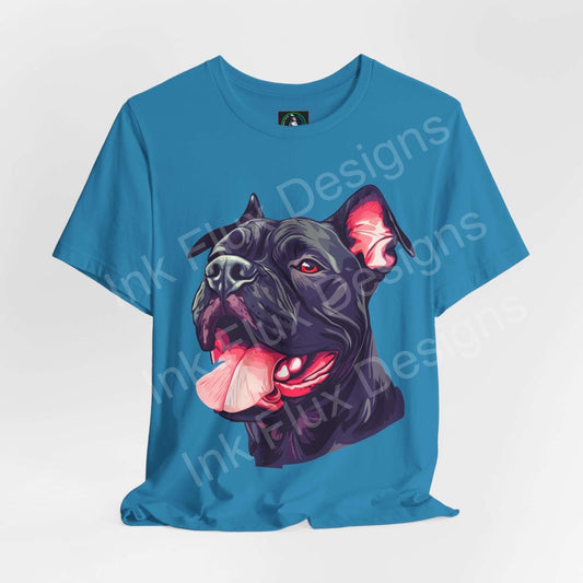 Blue Cane Corso graphic tee shirt featuring a detailed, colorful portrait of the dog breed on high-quality cotton fabric, ideal for dog lovers.