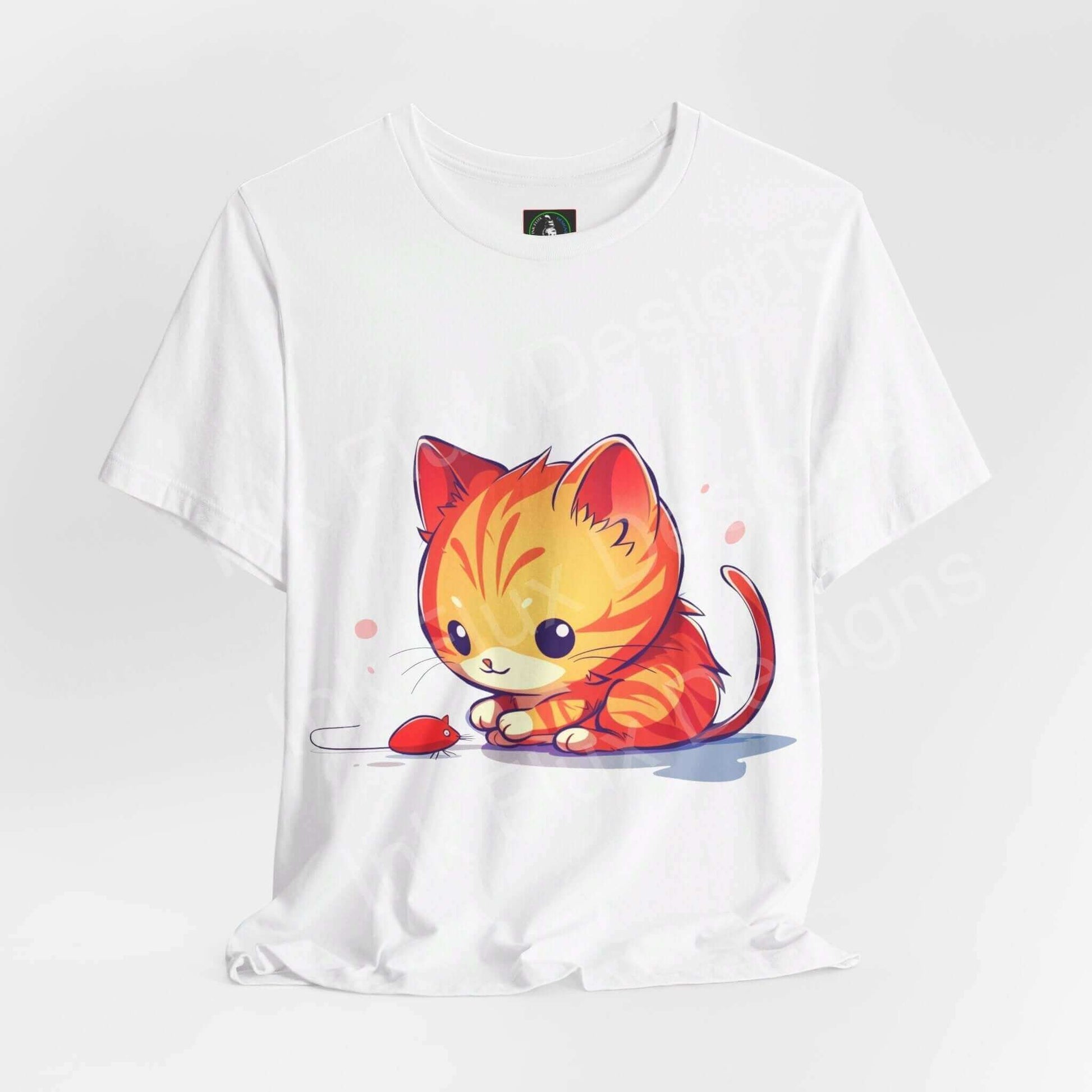 Cute cat and mouse graphic tee, Airlume cotton unisex T-shirt with a playful cat chasing a red mouse design, ideal for casual wear.