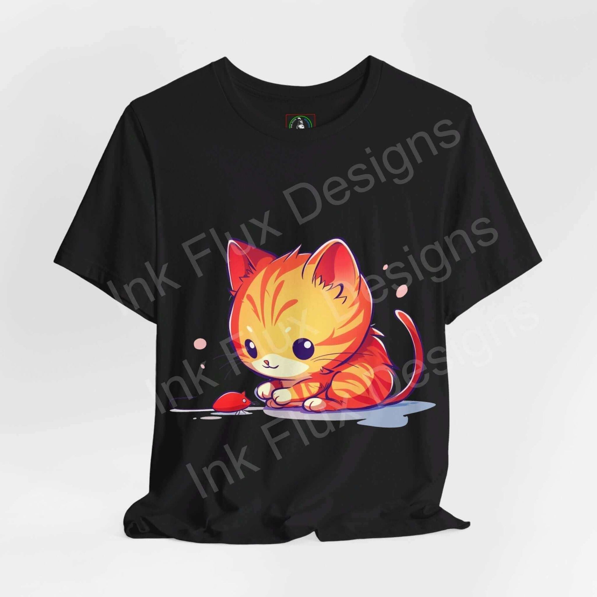 Unisex black T-shirt featuring a colorful graphic of a cute cat playing with a mouse, ideal for cat lovers and graphic tee enthusiasts.
