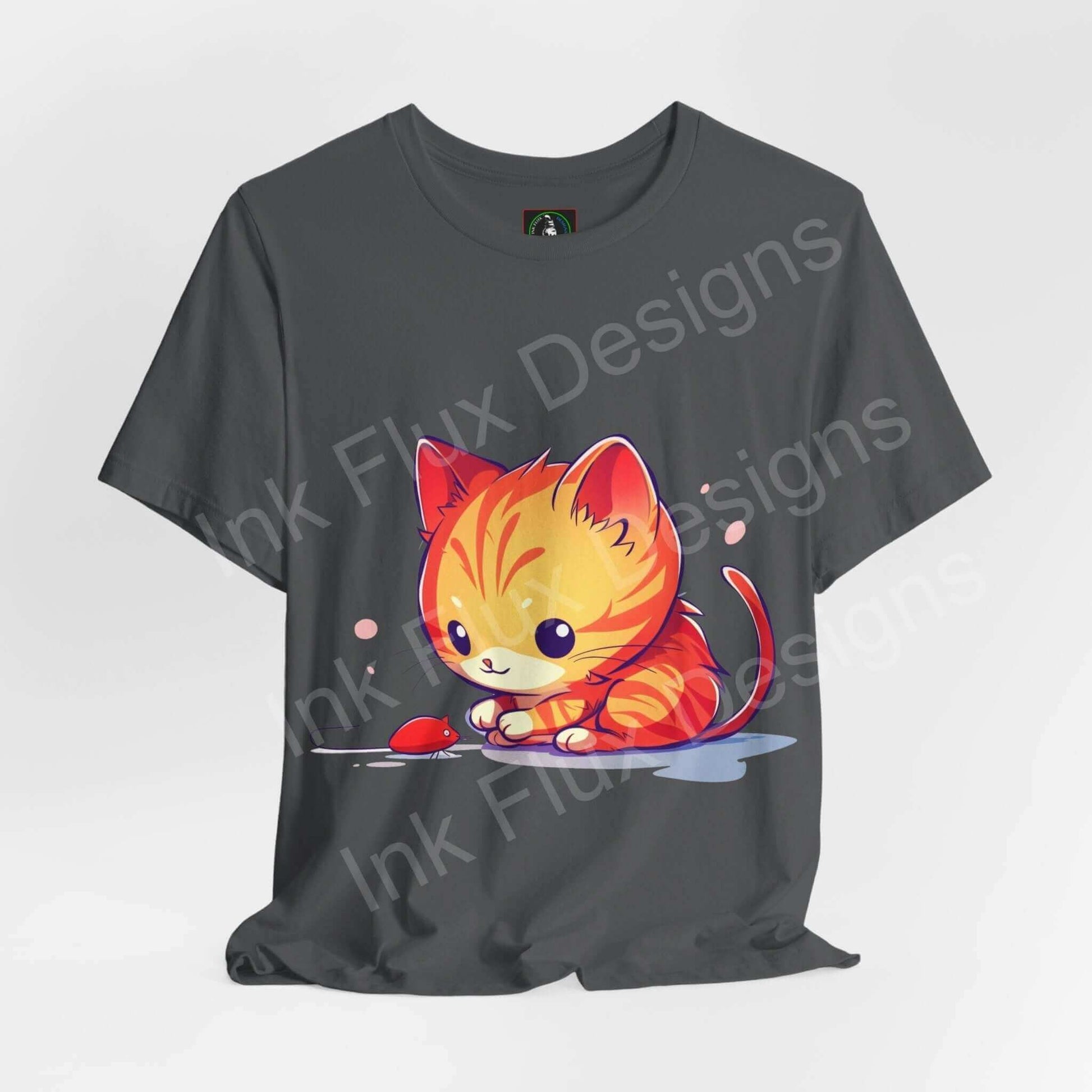 Unisex gray T-shirt featuring a cute graphic of an orange cat playing with a mouse, perfect for cat lovers and graphic tee enthusiasts.
