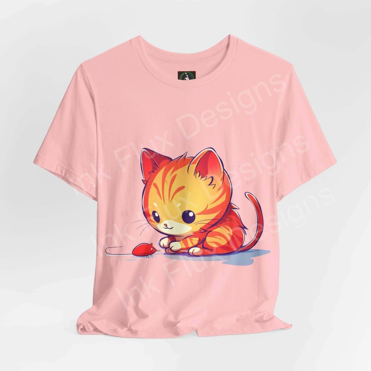 Pink unisex graphic tee featuring a cute cartoon cat and mouse design, ideal for cat lovers and casual wear.
