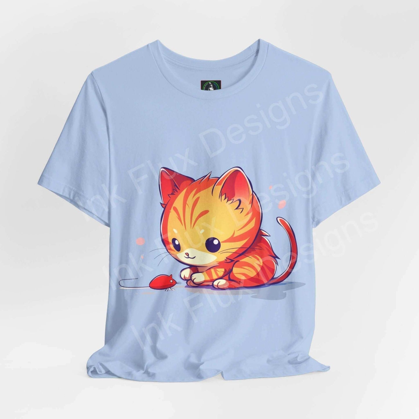 Light blue graphic tee featuring a cute orange cat and mouse design, perfect for cat lovers and casual wear.