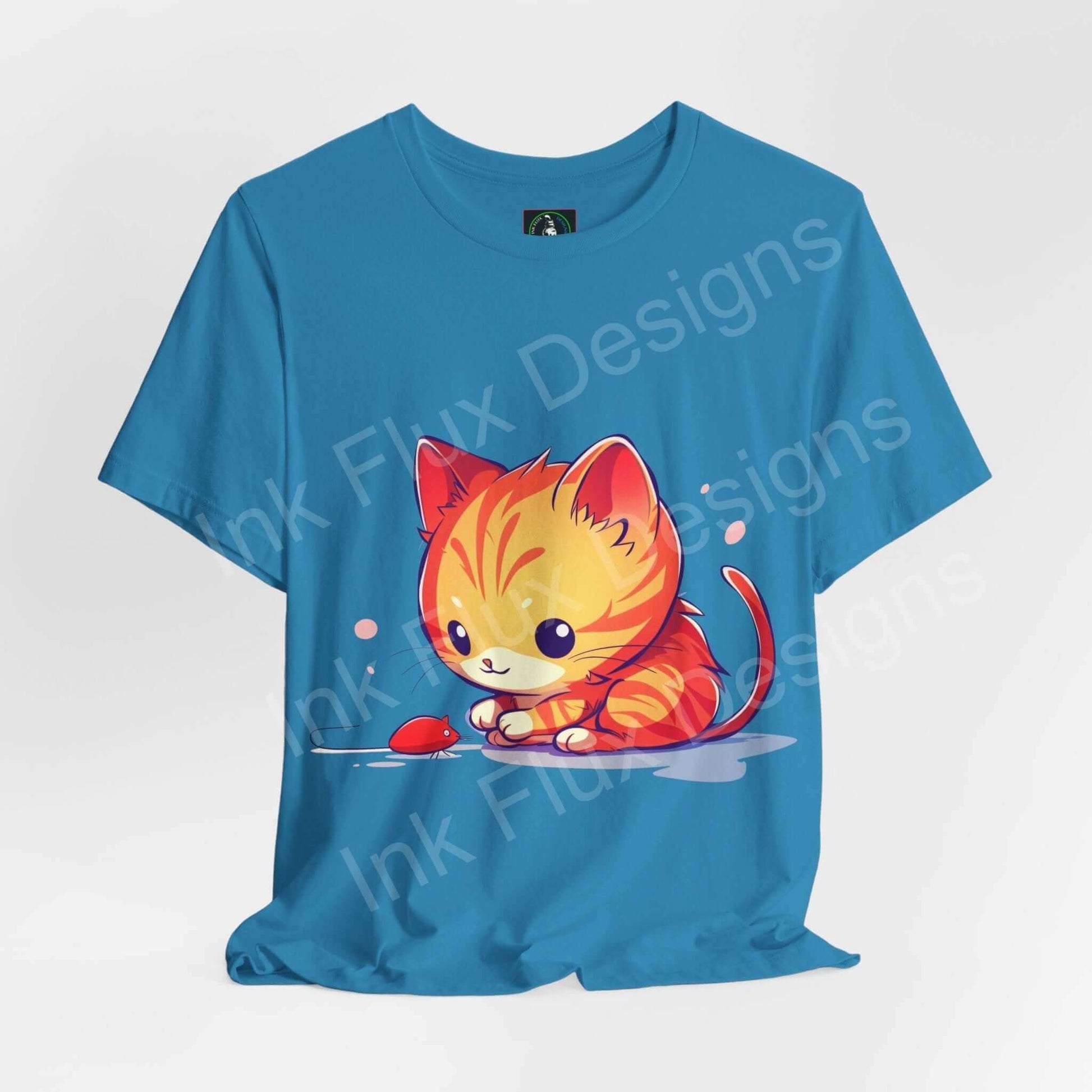 Blue unisex jersey T-shirt featuring a cute graphic of a cat playing with a mouse, perfect for cat lovers and casual wear.