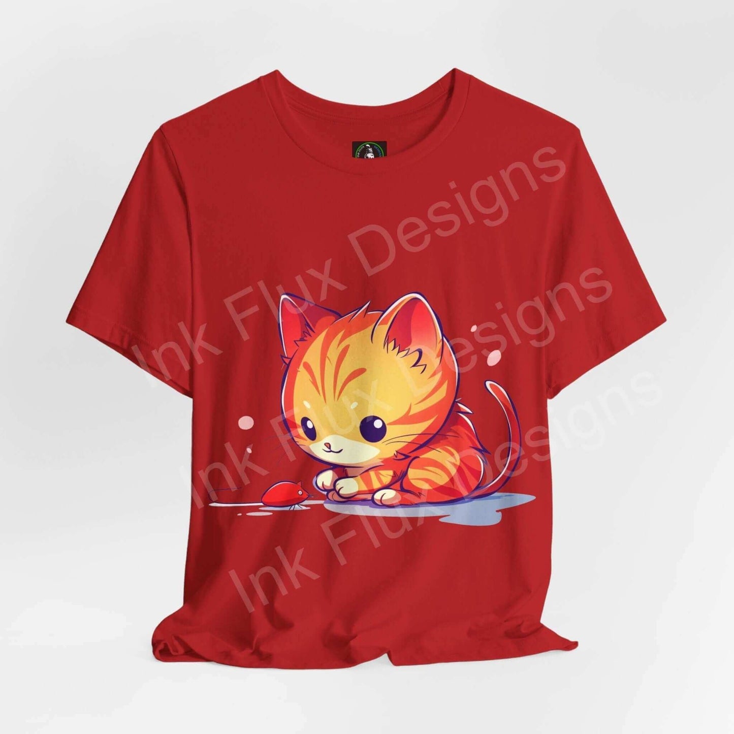 Red graphic tee featuring an adorable cartoon cat playing with a mouse, perfect for cat lovers and casual wear.