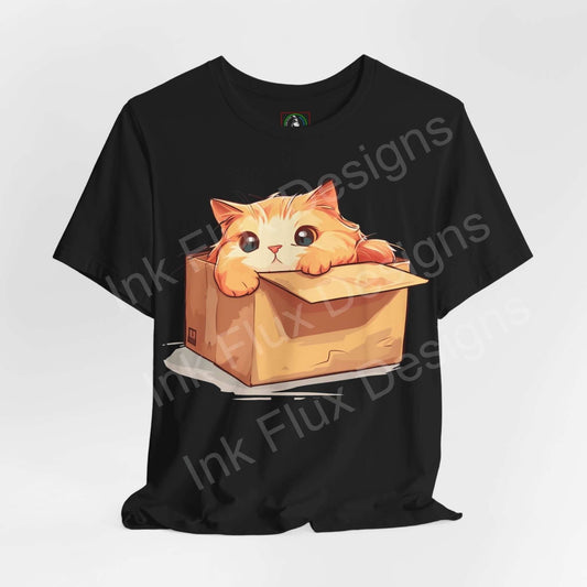 Black graphic tee featuring a cute cartoon cat peeking out of a box, ideal for cat lovers and casual wear.