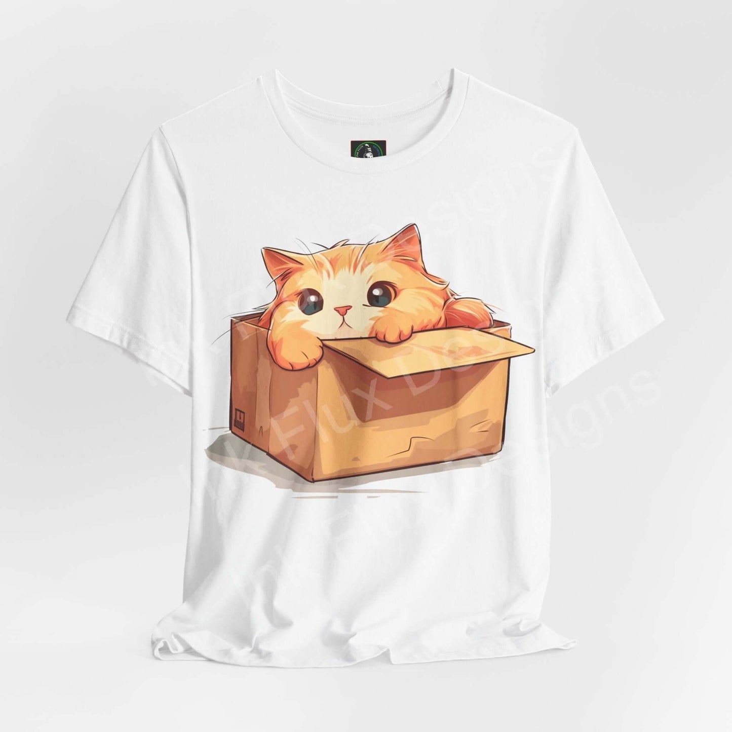 White unisex jersey T-shirt featuring a cute cat in a box graphic design, perfect for cat lovers and casual wear.