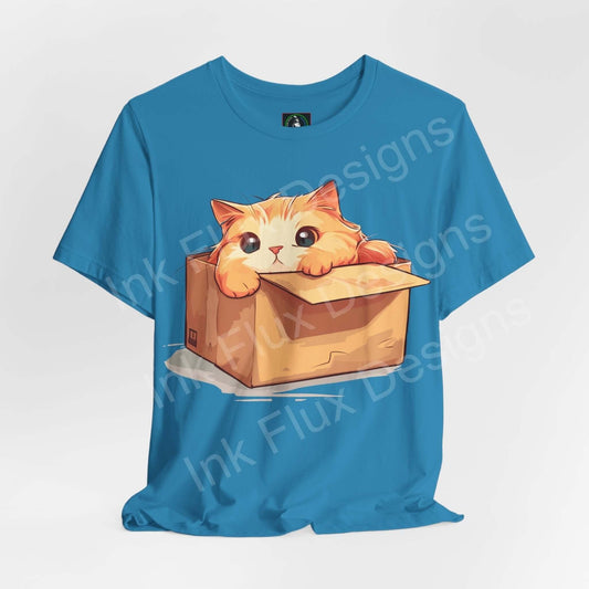 Blue graphic tee featuring a cute orange cat peeking out of a cardboard box, ideal for cat lovers and T-shirt enthusiasts.