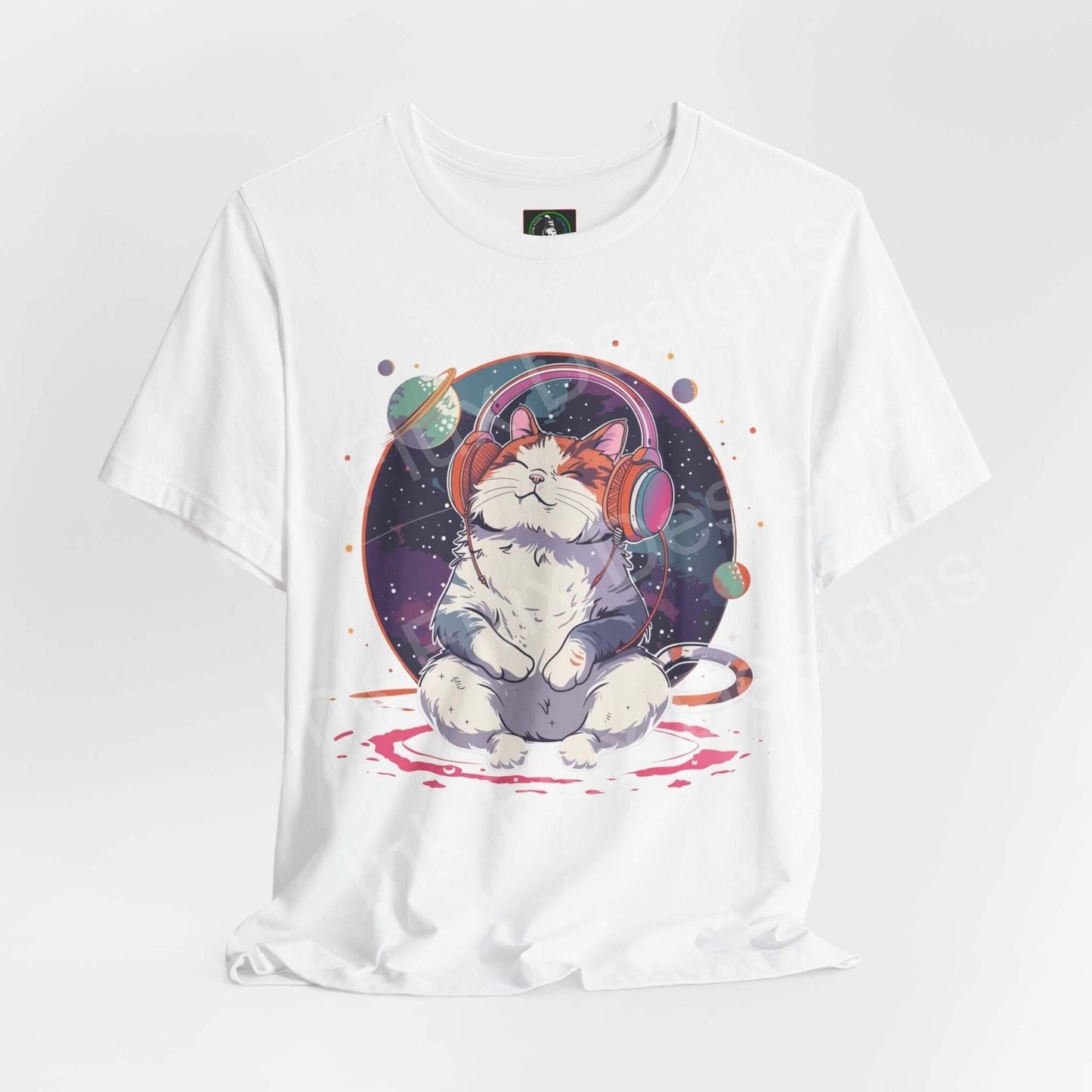 Cat T-Shirt featuring Cats Love Music graphic design with a cat wearing headphones in a cosmic theme.
