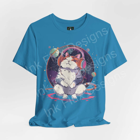Blue graphic tee featuring a design of a cat wearing headphones, surrounded by space elements, ideal for lovers of cats and music.