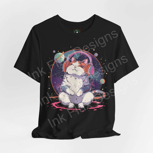 Graphic tee featuring a cat wearing headphones, surrounded by planets, on a black unisex T-shirt from Bella+Canvas.
