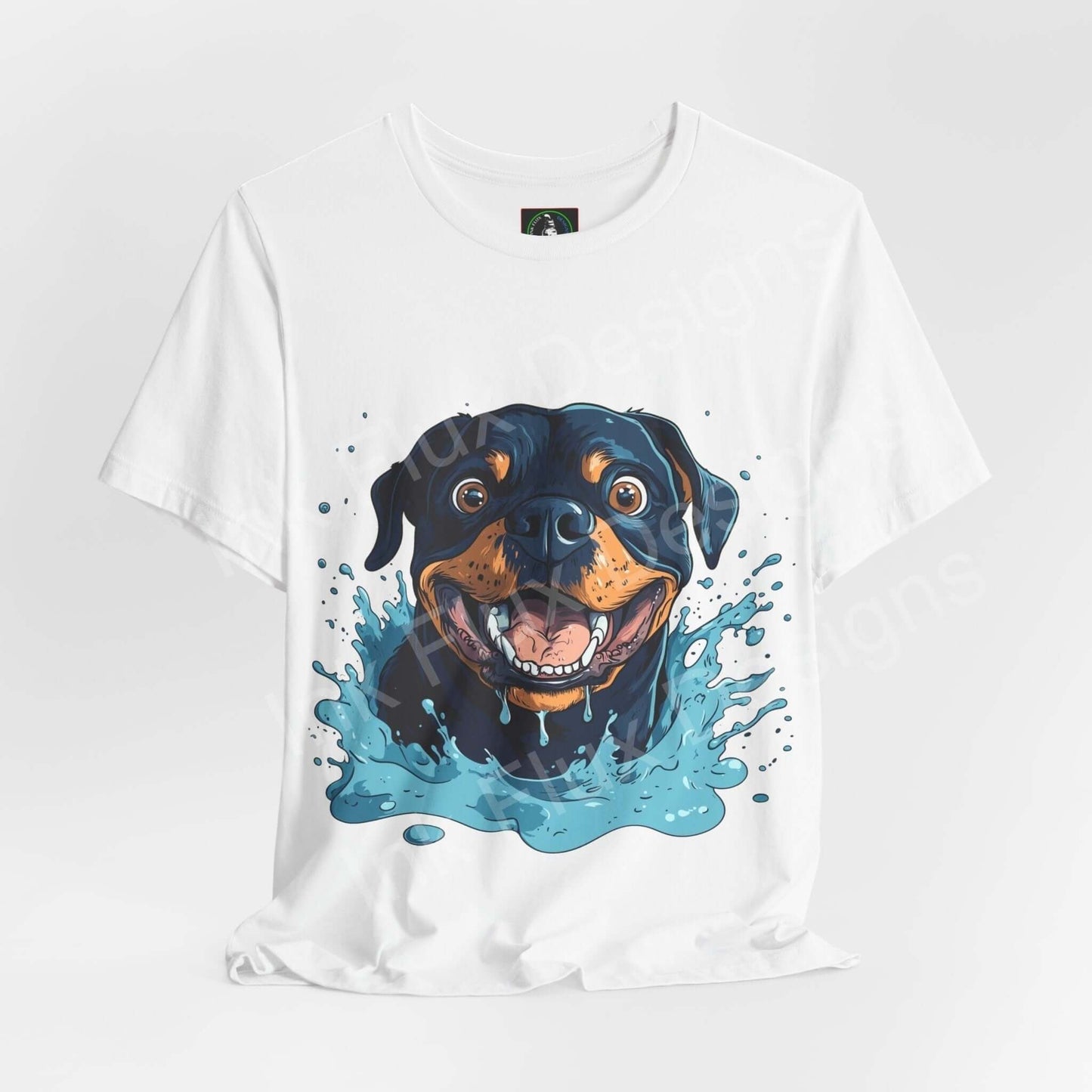 White unisex T-shirt featuring a vibrant graphic of a Rottweiler emerging from water, ideal for dog lovers and casual wear.