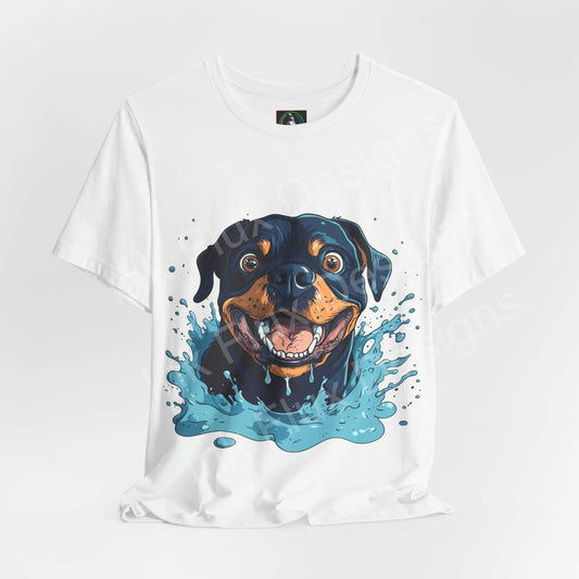 White unisex T-shirt featuring a vibrant graphic of a Rottweiler emerging from water, ideal for dog lovers and casual wear.