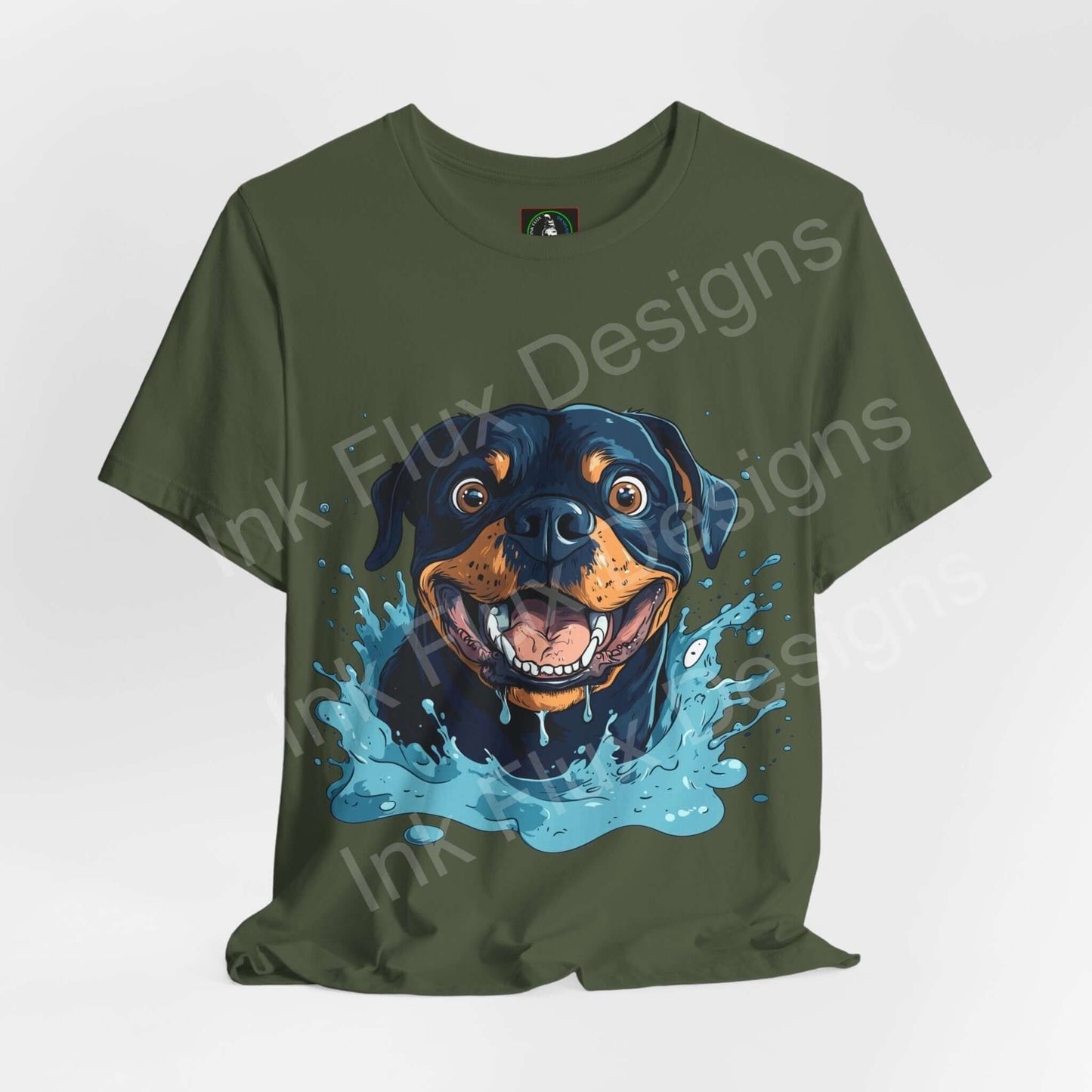 Green unisex Rottweiler graphic tee with vibrant dog design, perfect for dog lovers and fashion enthusiasts, ethically made by Bella+Canvas.