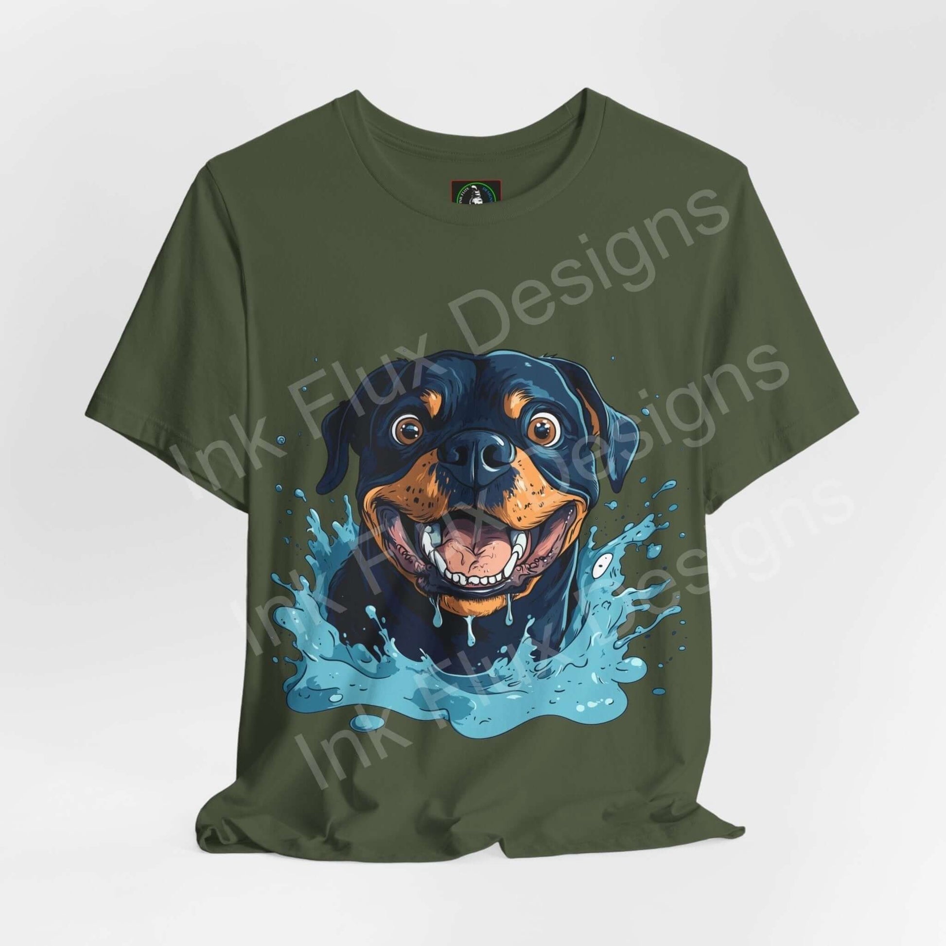 Green unisex Rottweiler graphic tee with vibrant dog design, perfect for dog lovers and fashion enthusiasts, ethically made by Bella+Canvas.
