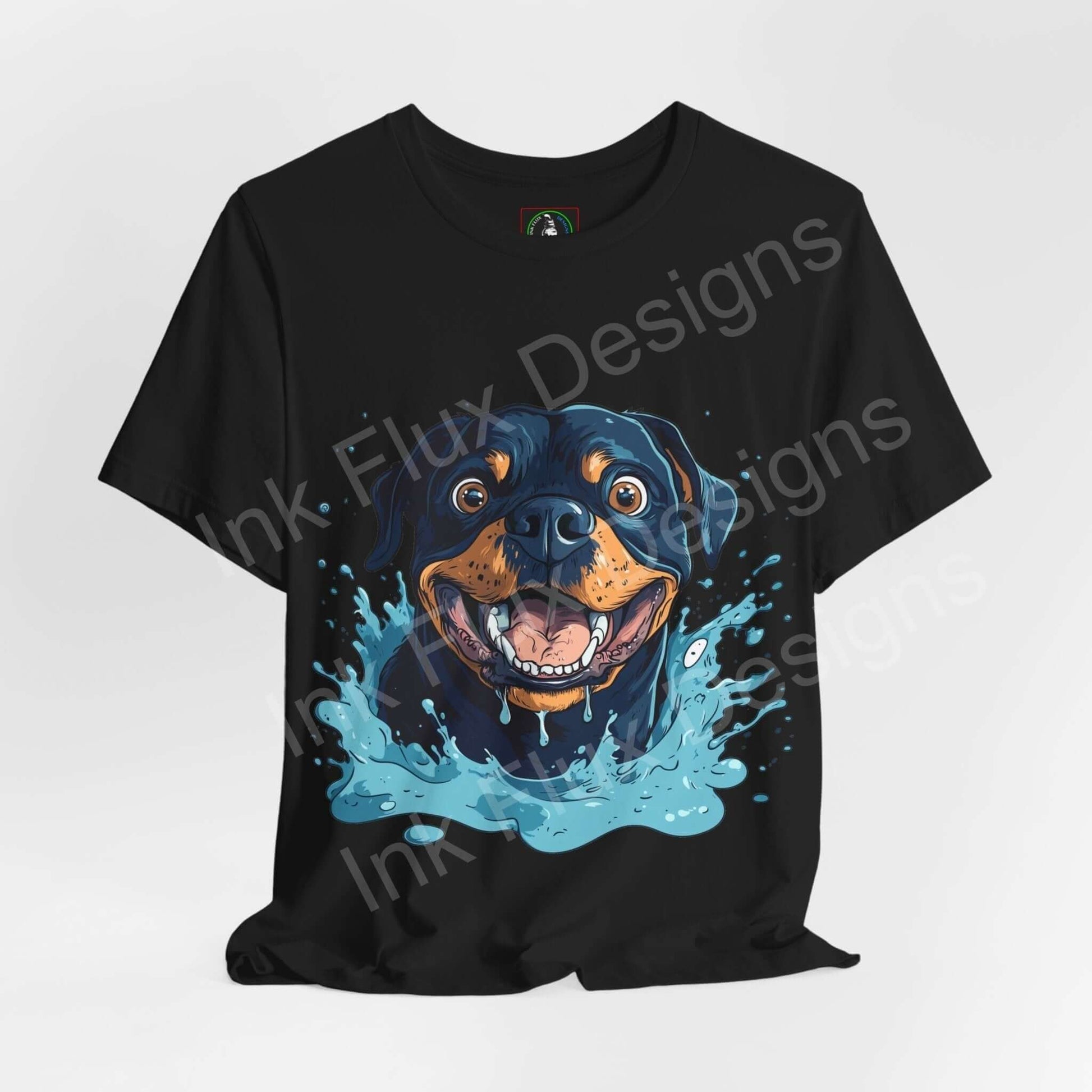 Black unisex T-shirt featuring a graphic design of a joyful Rottweiler emerging from water, perfect for dog lovers, available in breathable Airlume cotton.