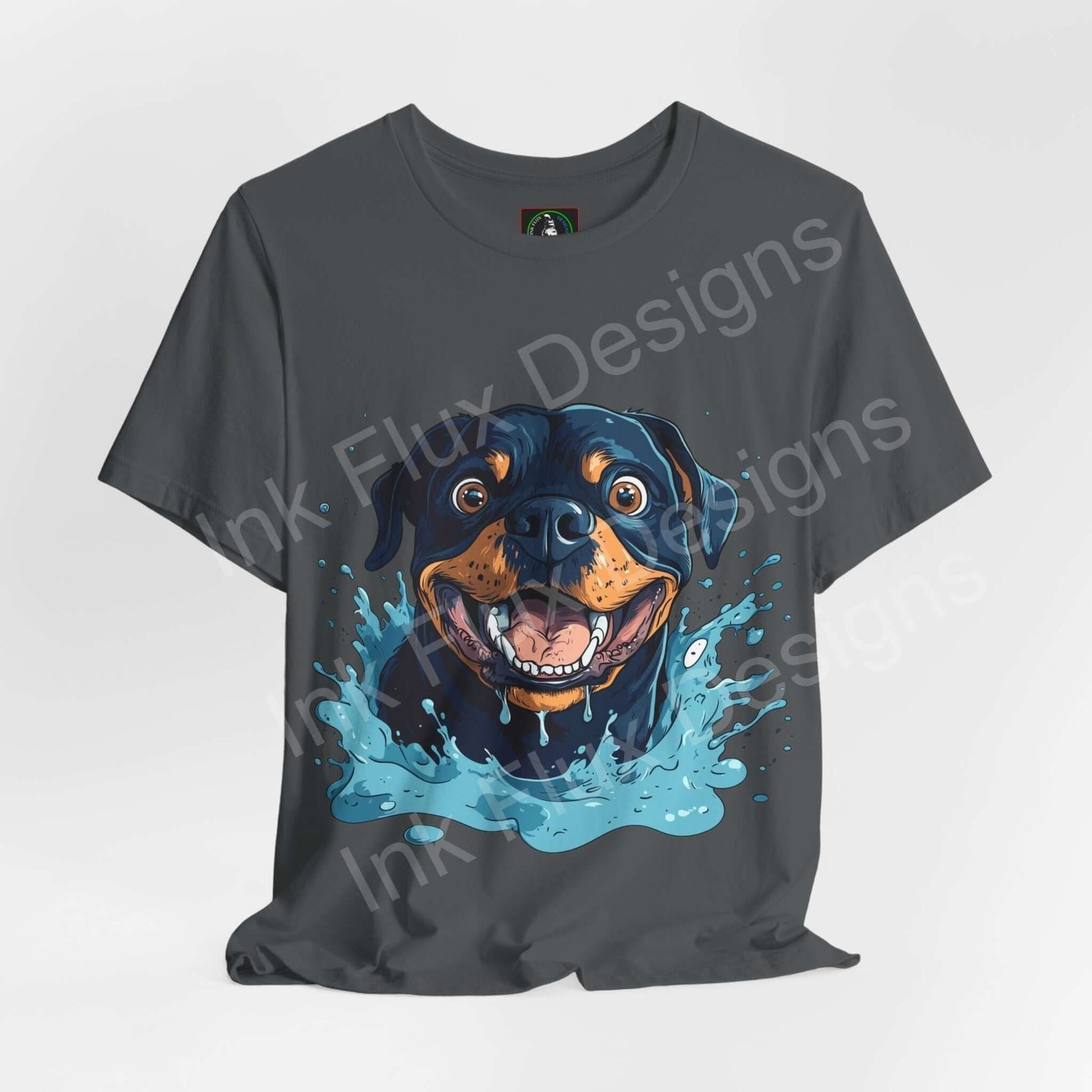 Graphic tee featuring a vibrant Rottweiler design on a dark gray shirt, ideal for dog lovers and T-shirt enthusiasts.