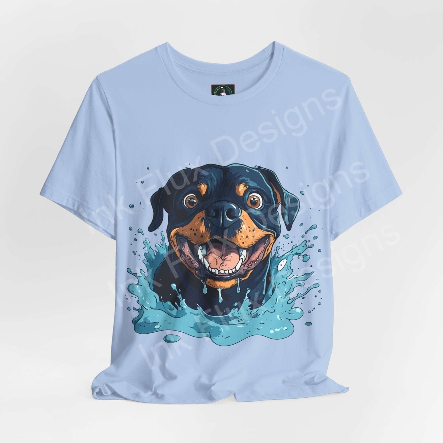 Light blue graphic tee featuring a vibrant Rottweiler design, perfect for dog lovers and trendy T-shirt enthusiasts.