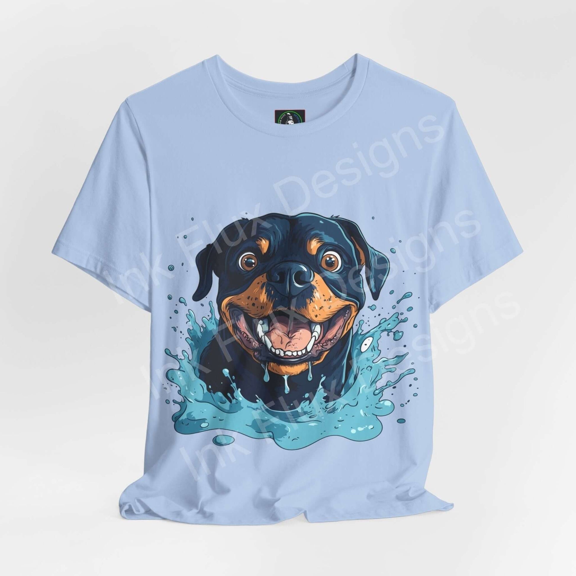 Light blue graphic tee featuring a vibrant Rottweiler design, perfect for dog lovers and trendy T-shirt enthusiasts.