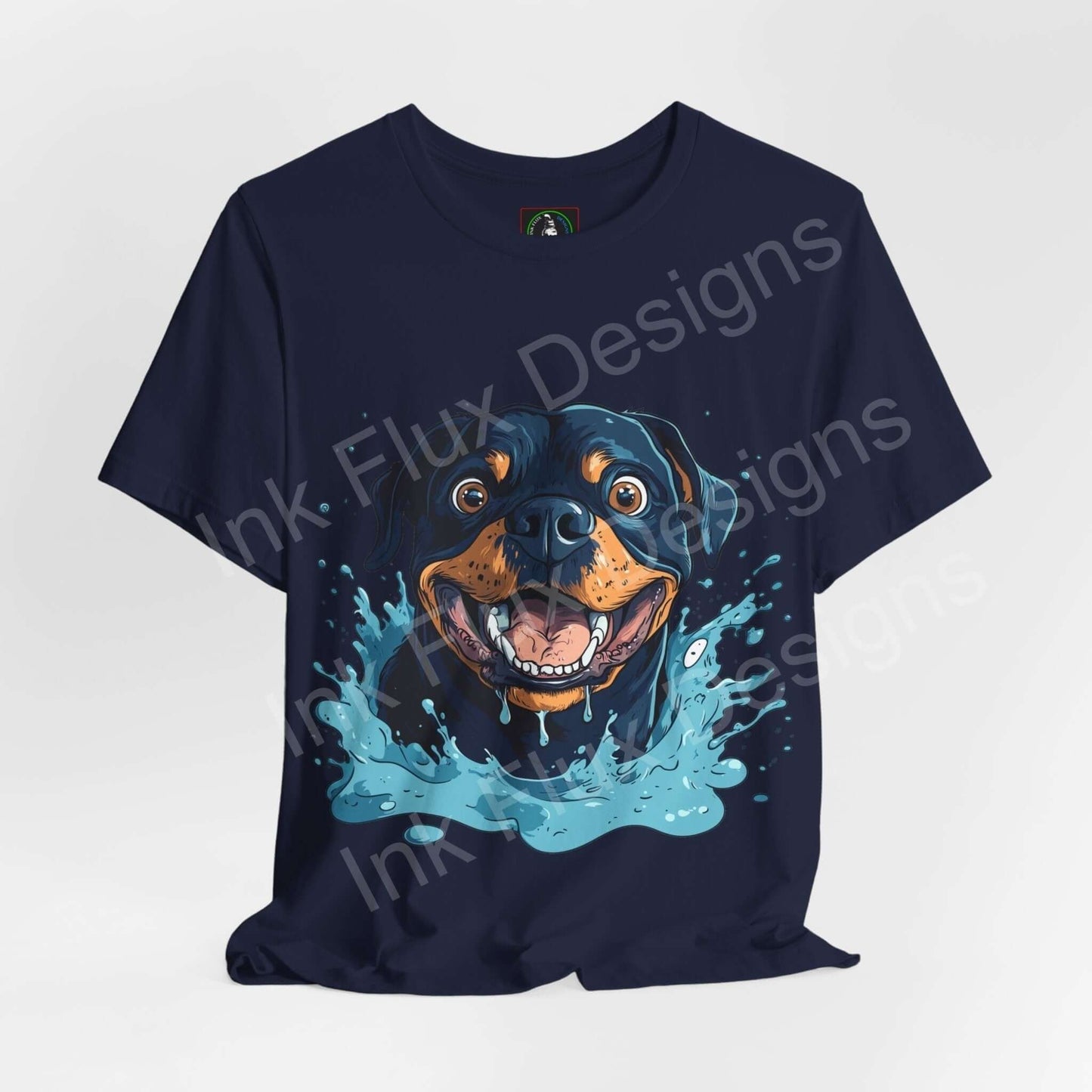 Navy blue graphic tee featuring a vibrant Rottweiler design emerging from water, ideal for dog lovers and T-shirt enthusiasts.