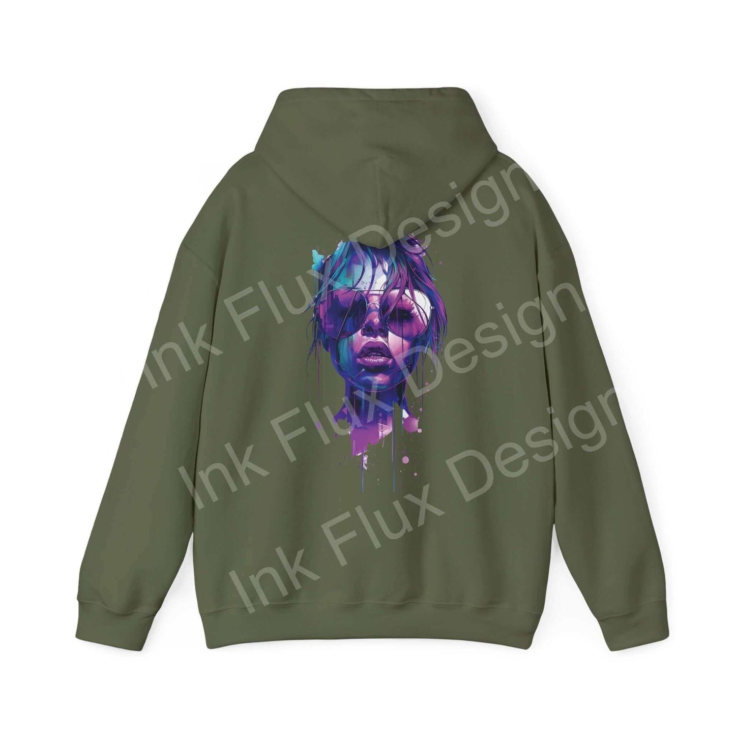 Back view of a green Cool Shades hooded sweatshirt featuring a bold graphic design with a vibrant, dripping paint face. Perfect for style and comfort.