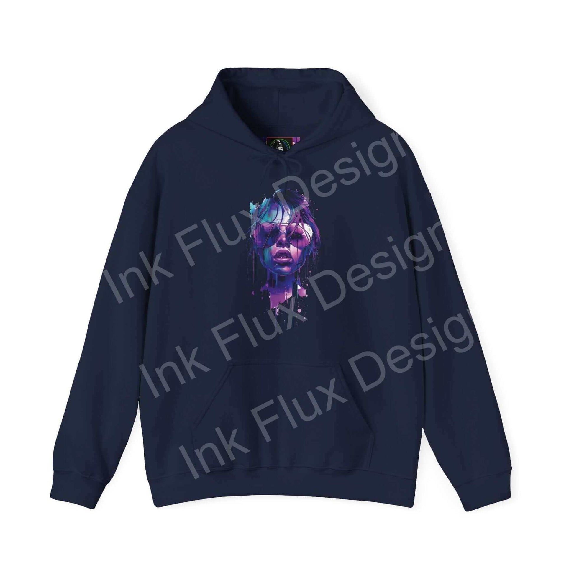 Bold graphic hoodie featuring a vibrant purple ink face design on a navy blue background, perfect for stylish comfort.