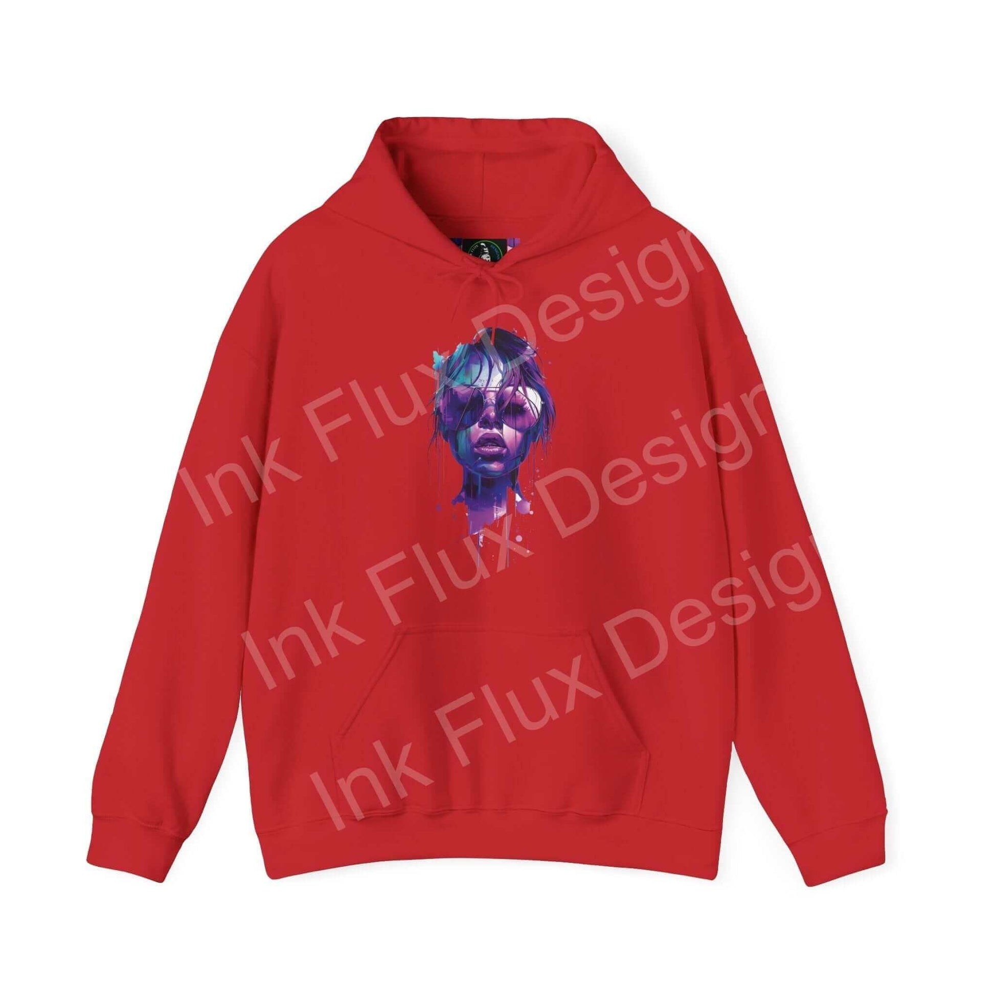 Red hooded sweatshirt with bold purple graphic face design, labeled 'Ink Flux Design', ideal for graphic hoodies lovers.