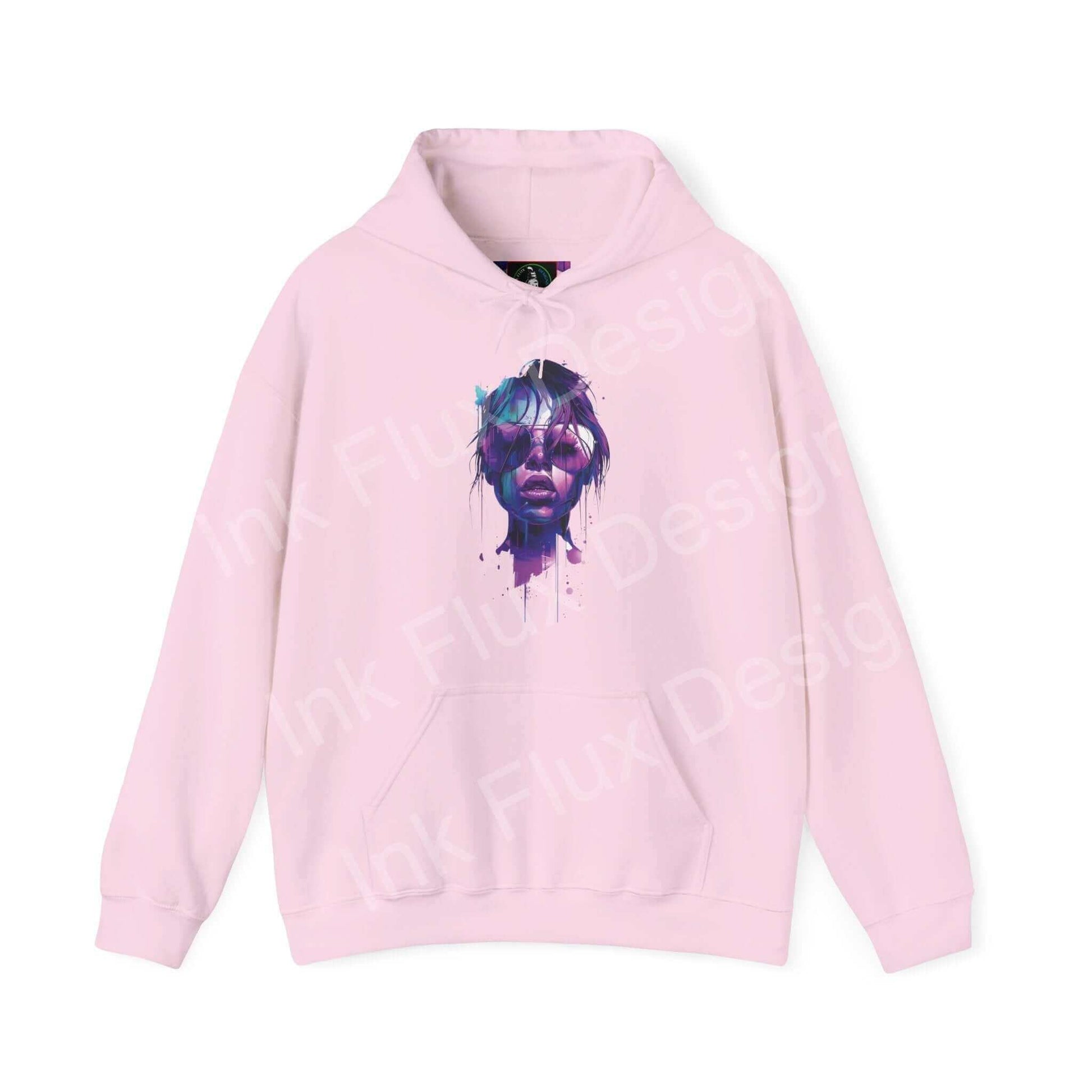 Pink Cool Shades Hooded Sweatshirt with bold graphic design on front, combining comfort with creative style