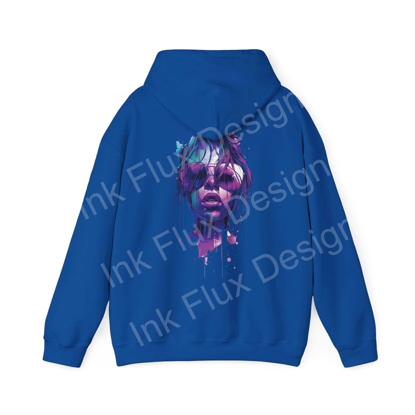 Blue hooded sweatshirt with a bold graphic design of a female face in vibrant purple and pink, part of the Cool Shades Hoodies Collection.