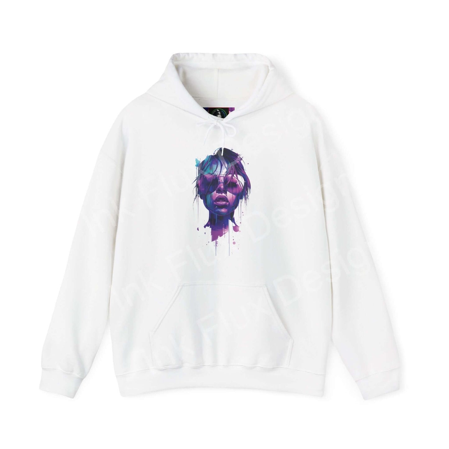 White Cool Shades Hooded Sweatshirt featuring a vibrant, artistic face print in purple tones on front, perfect for bold graphic hoodie enthusiasts.