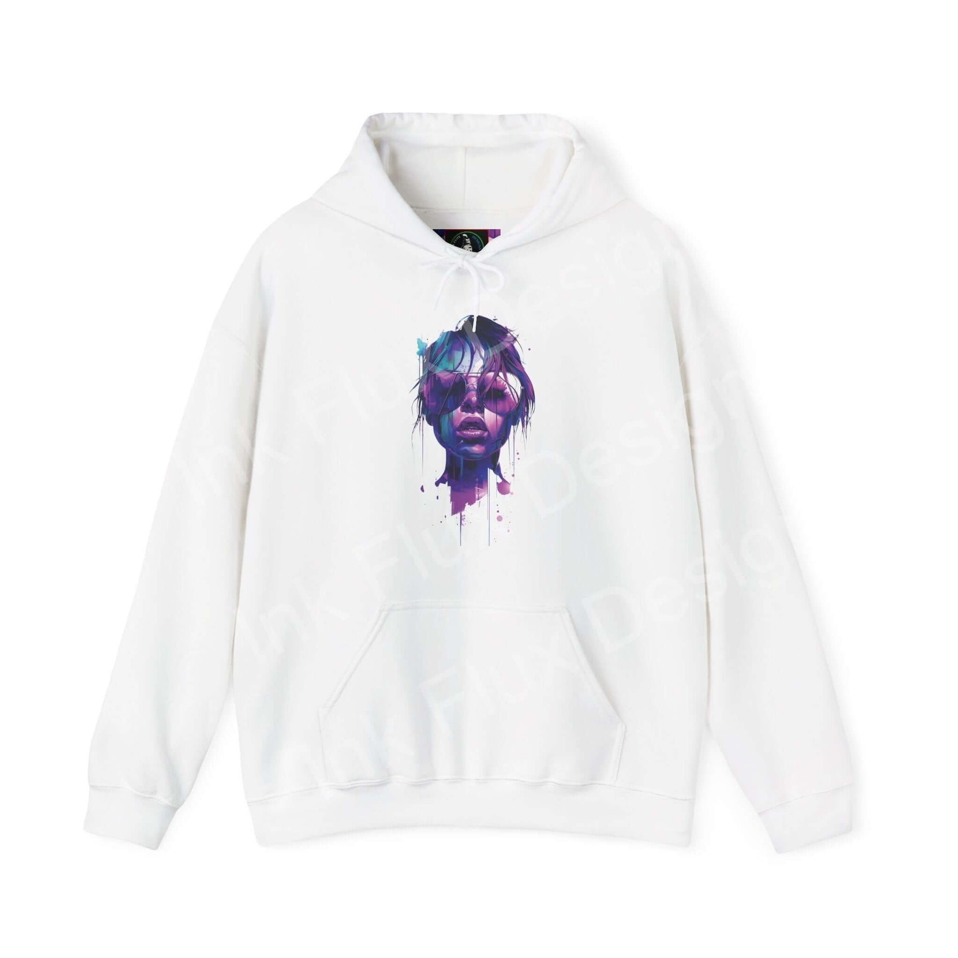 White Cool Shades Hooded Sweatshirt featuring a vibrant, artistic face print in purple tones on front, perfect for bold graphic hoodie enthusiasts.
