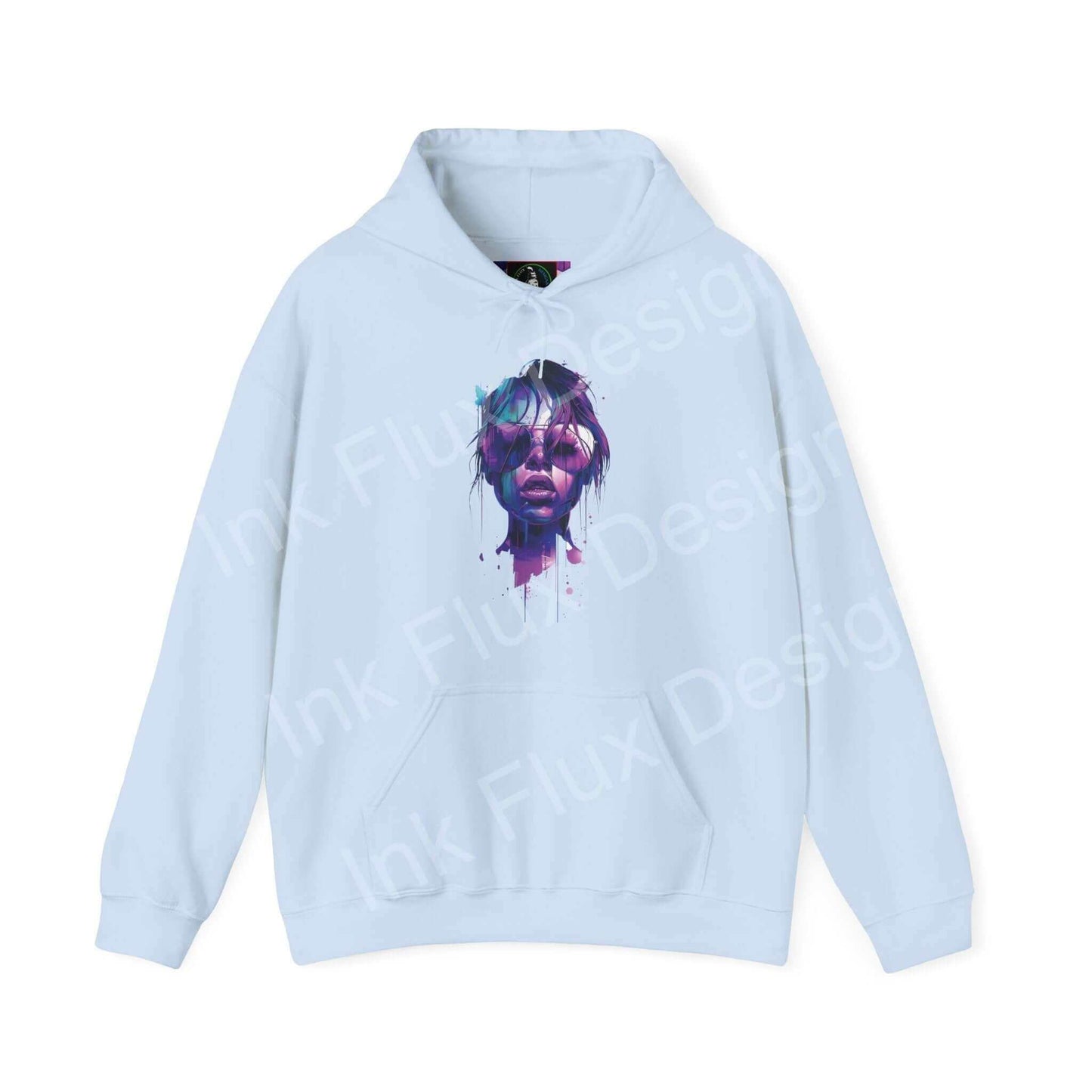 Unisex light blue hooded sweatshirt featuring a bold graphic design of a dripping ink face, ideal for stylish, cozy wear.