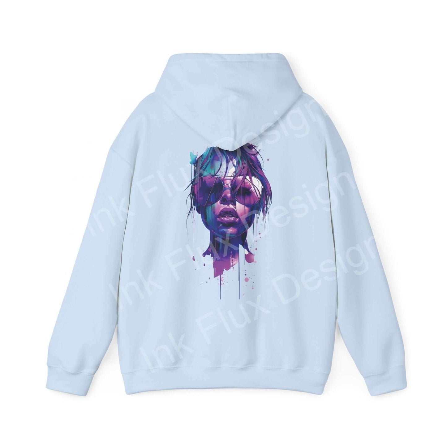 Light blue graphic hoodie featuring a bold, artistic face design in vibrant purple and blue tones on the back.